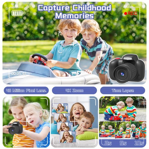 Temodu Kids Camera, Best Birthday Festival Toys Gifts for Girls Boys Age 3 4 5 6 7 8 9 10 11 12 Year Old, Digital Camera for Kids with Video, Toy Camera Toddler Camera for Girls with 32GB Card - Black
