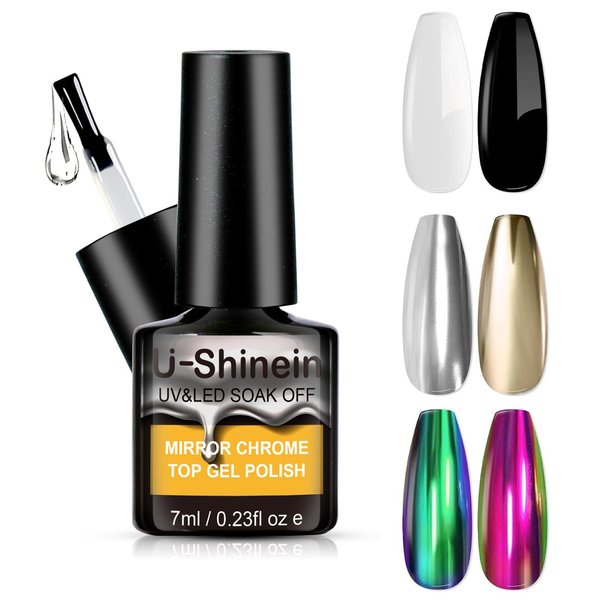 U-Shinein 7ml Gel Top Coat for Metallic Gel Nail Polish, No Wipe Top Gel Polish for Chrome Nail Powder, Metallic Painting Gel, Chrome Gel Nail Polish, Glossy Shine Finish, Mirror Chrome Effect