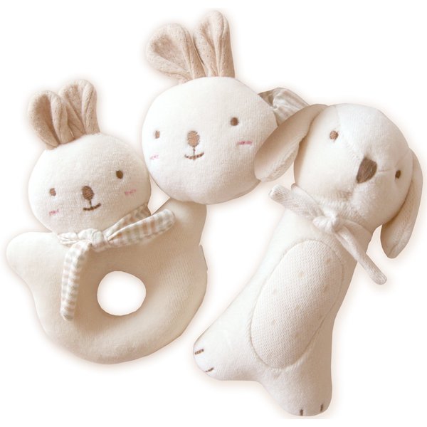JOHN N TREE Organic Baby First Friends, Stuffed Animals (Puppy & Baby Rabbit Rattle Set) Attachment Doll for Baby, Organic Toy
