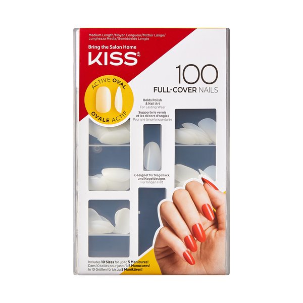 KISS 100 Full-Cover Nails, Press-On Nails, Nail glue included, 'Active Oval' Shape, Clear, Medium Size, Oval Shape, Includes 100 Nails, 3g Maximum Speed Nail Glue