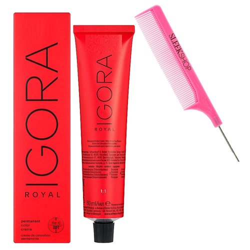 outcome comb + IGORA ROYAL by Schwarzkapf Professional PERMANENT Creme Hair Color Dye, Cream Haircolor, 2024-2025 Version (w/SIeekshop Argan PINK Comb) (8-1 Light Blonde Cendré)