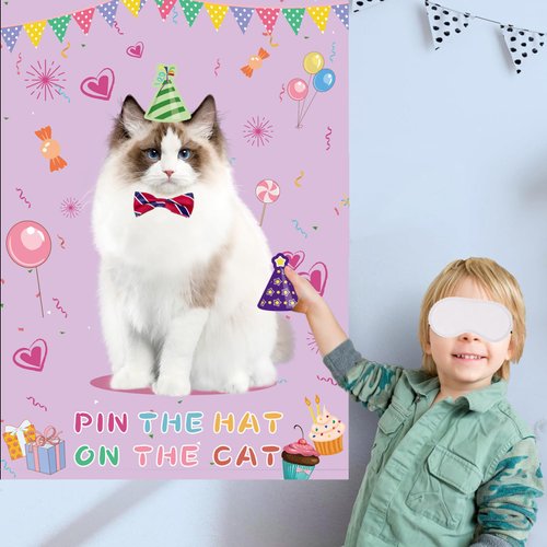 T-Antrix Pin The Hat on The Cat Party Games -Cat Themed Birthday Games for Girls with 21'' x 28'' Poster, Resuable Hats Stickers Carnival Party Supplies Kids Birthday Party Favor Sets