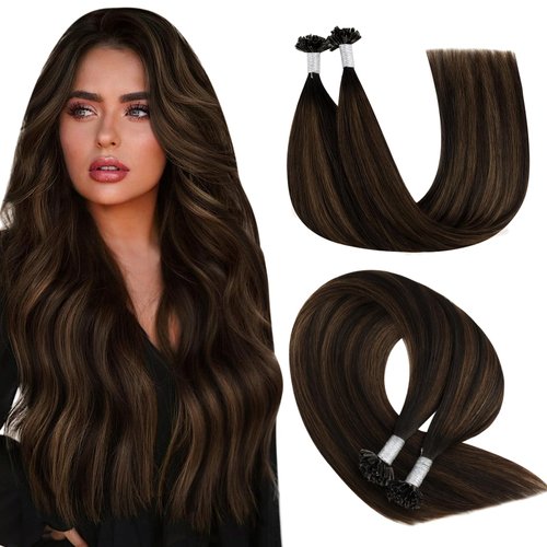 YoungSee U Tip Hair Extensions Real Human Hair Brown Balayage Utip Hair Extensions Human Hair Balayage Dark Brown with Brown U Tip Keratin Hair Extensions for Women Utip Extensions Ombre 20In 50s/50g