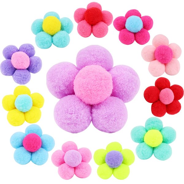 12pcs Pom Pom Hair Ties for Girls Flower Hair Pom Poms Fluffy Ponytail Holders Hair Ties With Balls
