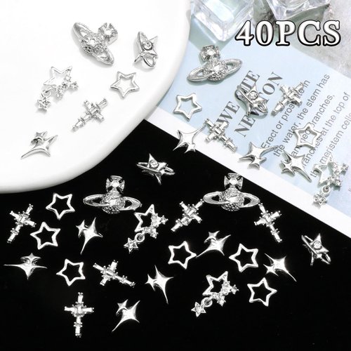 RODAKY 40PCS Planet Nail Charms 3D Star Nail Jewelry Silver Cross Nail Art Charms Dangle Star Charms for Nail Crystal Rhinestones Shiny Starlight Nail Gems Y2k Nail Decoration for Manicure DIY
