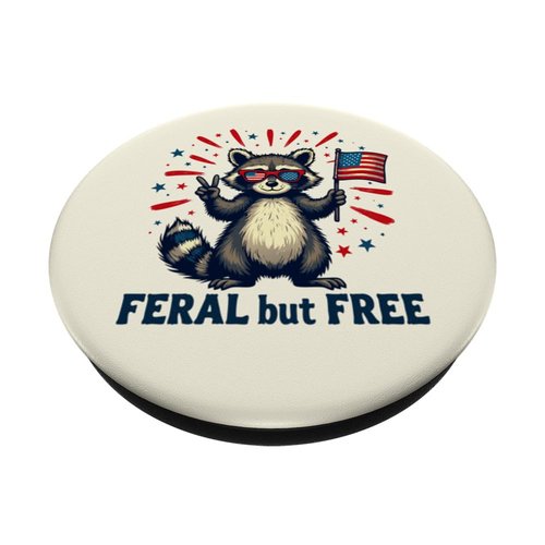 Funny Raccoon Feral and Free 4th of July Patriotic USA Flag PopSockets Adhesive PopGrip