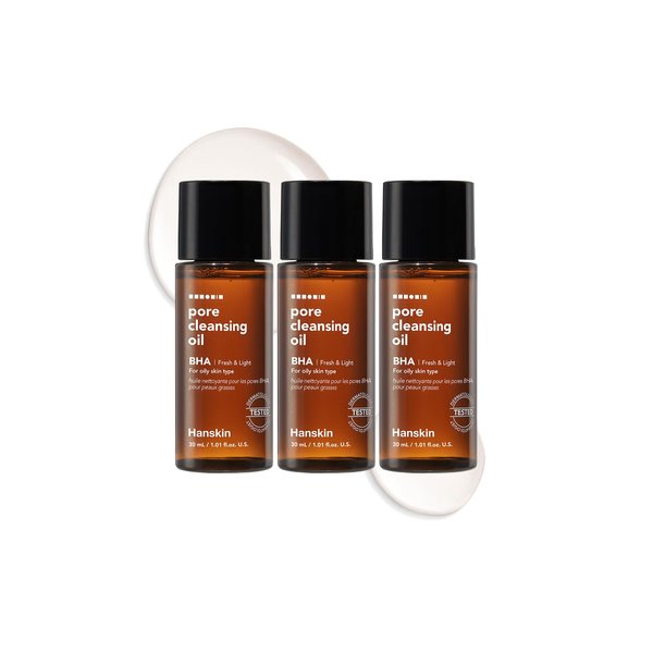 Hanskin BHA Pore Cleansing Oil, Sample Trial Size, Travel Size Mini Makeup Remover Set, Gentle Blackhead Cleanser for Combination and Oily Skin [30 ml/Pack of 3]