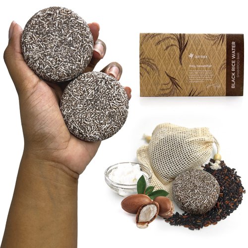 AIRNEX Black Rice Water Shampoo Bar - Fermented Rice Water, Argan Oil & Murumuru Butter for Hair Growth Moisture & Shine - Set of 2 Bars + Cotton Bags - All Natural, Sulfate Free (4.04 oz)