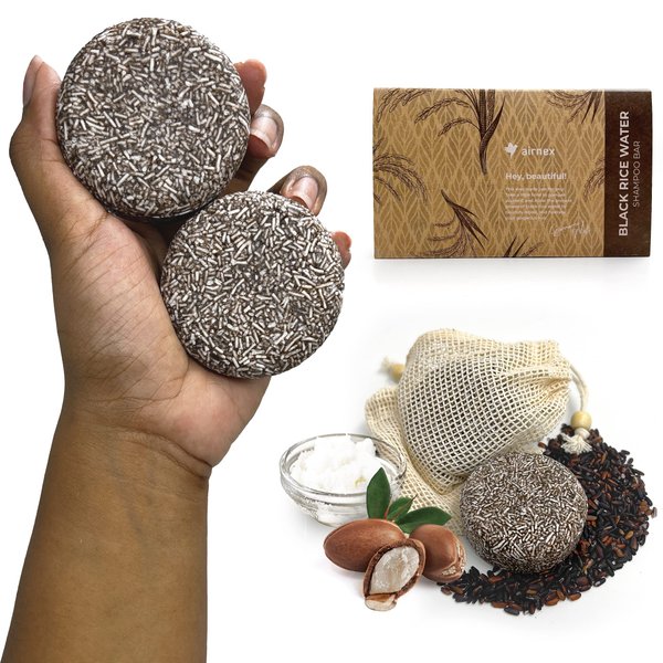 AIRNEX Black Rice Water Shampoo Bar - Fermented Rice Water, Argan Oil & Murumuru Butter for Hair Growth Moisture & Shine - Set of 2 Bars + Cotton Bags - All Natural, Sulfate Free (4.04 oz)