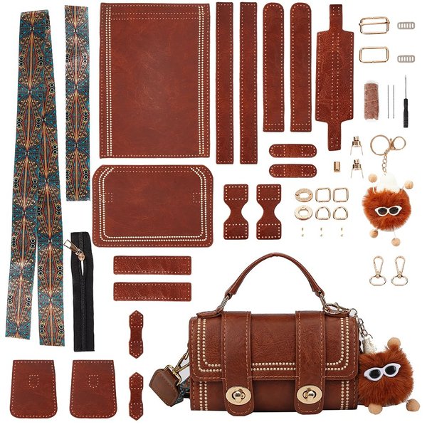 WADORN PU Leather Crossbody Bag Making Kit, DIY Knitting Crochet Shoulder Bag Making Materials PU Leather Handbags Sewing Kit for DIY Handmade Purse Making Accessories, 7.4x3.9x2.7 Inch (Brown)