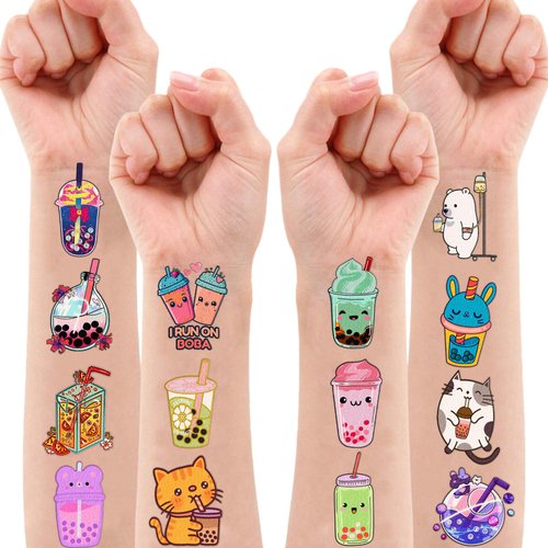 96PCS Bubble Boba Milk Tea Temporary Tattoos Birthday Themed Theme Party Decorations Favors Supplies Decor Cute Kawaii Stickers Gifts for Kids Boys Girls Carnival Class School Rewards Prizes Christmas