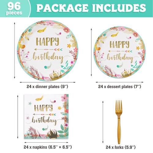 DECORLIFE Birthday Plates and Napkins Serves 24, Boho Birthday Party Supplies, Floral Plates, Forks Included for Women, Girls, Total 96 PCS