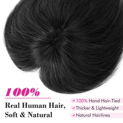 REECHO Human Hair Toppers, 6 Inch Hair Toppers for Thin Hair, Topper Hair Pieces with Bangs Real Human Hair, Clip In Wig Hair Topper Top Hair Extensions - Natural Black