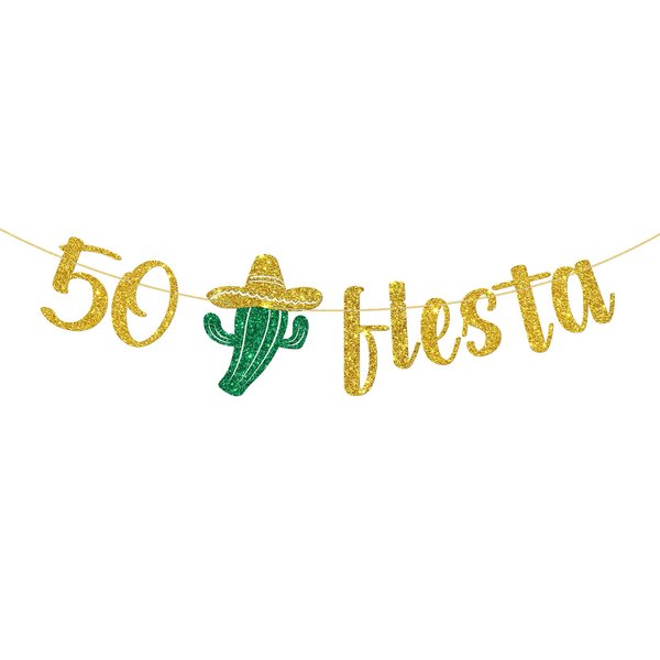 WeBenison 50 Fiesta Banner/Mexican 50th Birthday Banner/Taco Bout 50 Birthday Party Decoration Supplies Gold Glitter
