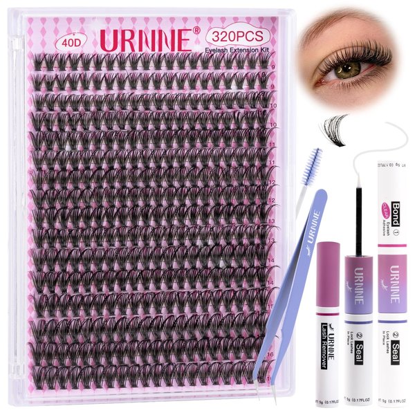 Eyelash Extension Kit 320Pcs Lash Clusters Kit 9-16 mm 40D Individual Lashes with Lash Bond and Seal, Remover, Lash Tweezer DIY Lash Extensions at Home URNNE