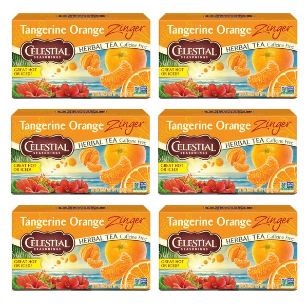 Celestial Seasonings Tangerine Orange Zinger Herbal Tea, Caffeine Free, 20 Tea Bags Box, (Pack of 6)