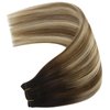 YoungSee Sew in Hair Extensions Double Weft Hair Extension Human Hair Dark Brown Roots Blending into Medium Brown with Warm Blonde Highlight Soft and Smooth Sew in Real Hair Extensions 100G 18Inch