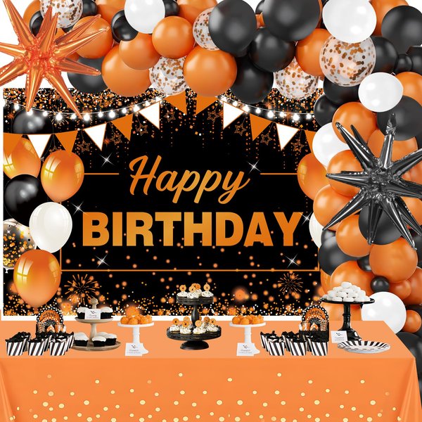 62pcs Orange Birthday Decorations Orange Black Happy Birthday Banner Balloons Arch Kit Star Foil Balloons Orange Birthday Backdrop Tablecloth Halloween Birthday Party Decoration Supplies for Women Men