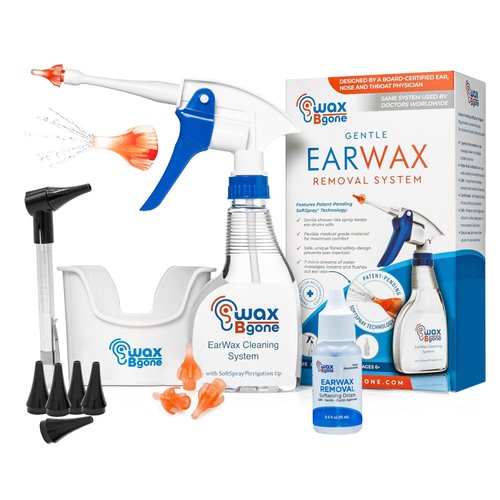 WaxBgone Earwax Removal Kit - Fast, Gentle, and Effective Ear Wax Removal Kit – Dissolve and Remove Earwax at Home - Includes Earwax Softening Drops, 3 SoftSpray Reusable Irrigation Tips, Otoscope