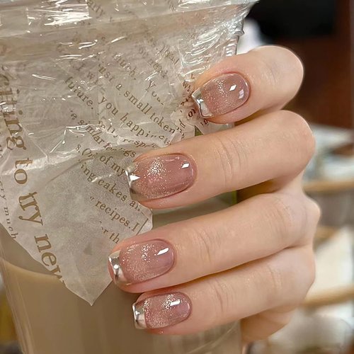Cat Eye False Nails Glossy Press on Nails Short Square Silver French Tips Fake Nails with Design Artificial Acrylic Nails Full Cover Reusable Aurora Coffin Fake Nails Medium Glue on Nails for Women