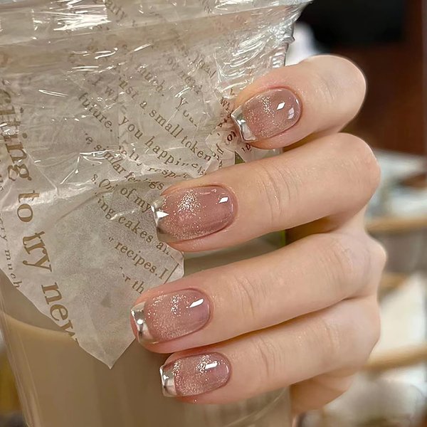 Cat Eye False Nails Glossy Press on Nails Short Square Silver French Tips Fake Nails with Design Artificial Acrylic Nails Full Cover Reusable Aurora Coffin Fake Nails Medium Glue on Nails for Women