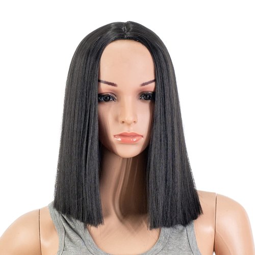 SWACC 12 Inch Short Length Straight Middle Part Hair Wig Synthetic Heat Resistant Wigs for Women with Wig Cap (Black-1B)