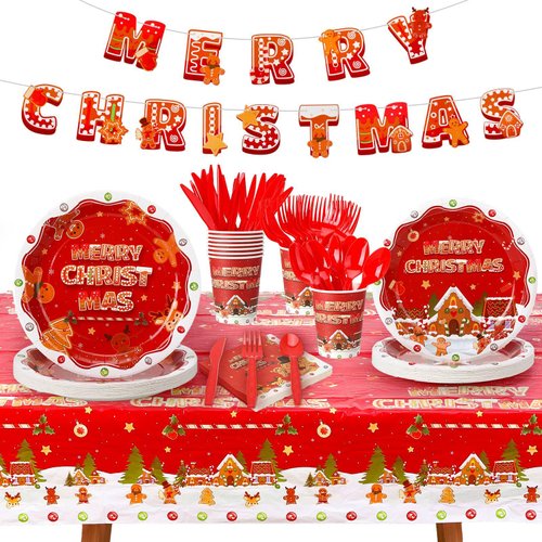 171 PCS Christmas Gingerbread Party Supplies Serve 24 Guests Christmas Gingerbread Tableware Set Xmas Gingerbread Man Paper Plate and Napkins for Christmas Holiday Gingerbread Man Party Decorations