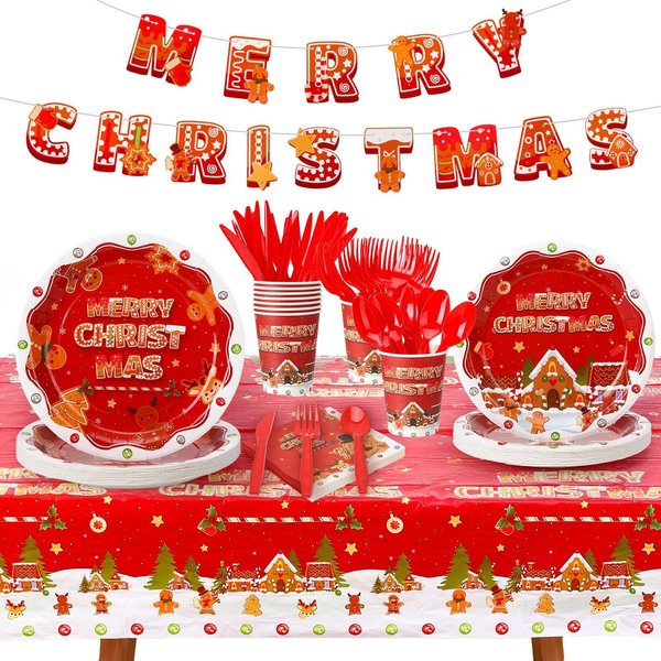171 PCS Christmas Gingerbread Party Supplies Serve 24 Guests Christmas Gingerbread Tableware Set Xmas Gingerbread Man Paper Plate and Napkins for Christmas Holiday Gingerbread Man Party Decorations