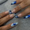 Almond Press on Nails Medium French Tip Fake Nails Blue Full Cover Stick on Nails with Stars Designs Glossy Acrylic Nails Artificial Fall Nails Y2K False Nails for Women Girls 24 Pcs