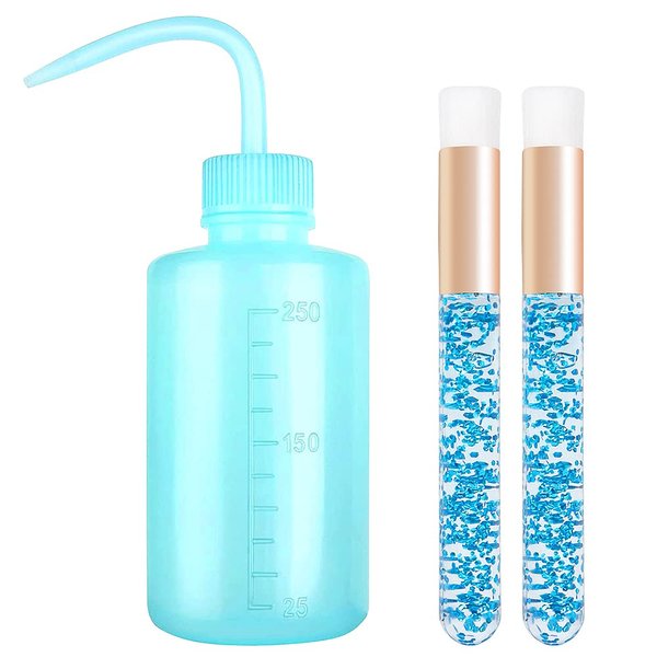 Mekupeu 1pcs 250 ML Plastic Satety Lash Cleaning Tatoo Wash Bottles 2PCS Crystal Nose Blackhead Facial Cleaning ShampooBrush for Eyelash Extension Supplies(Blue)