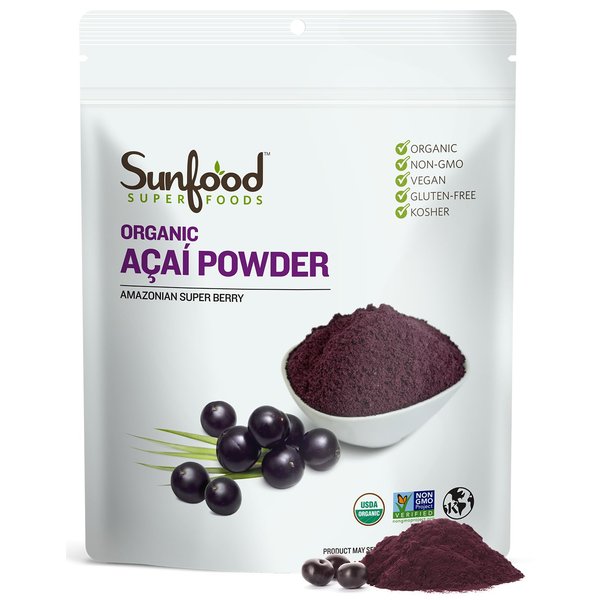 Sunfood Acai Powder | Organic & Unsweetened | 100% Raw Freeze Dried Berries | Natural Antioxidant | Non-GMO, Gluten-Free | Ultra-Clean: No Fillers, Additives, Preservatives | 4 Ounce Bag