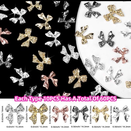 UOTEY 60Pcs Metal Bow Nail Charms, Alloy Nail Bows 3D Golden Silver Gray Bowknots Charms for Nails, Luxury Shiny Bow Tie Nail Gems Charms, Nail Art Accessories Manicure Nails DIY Charms