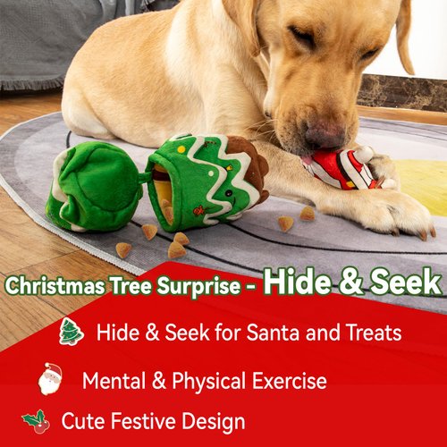 REQIHO Christmas Dog Toys, Crinkle Christmas Tree & Squeaky Santa Claus, Dog Christmas Toys, Hide and Seek Dog Toy, Plush Dog for Small and Medium Dogs