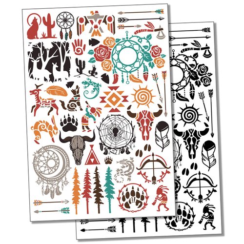 Southwest Native American Temporary Tattoo Water Resistant Fake Body Art Set Collection - Color (One Sheet)