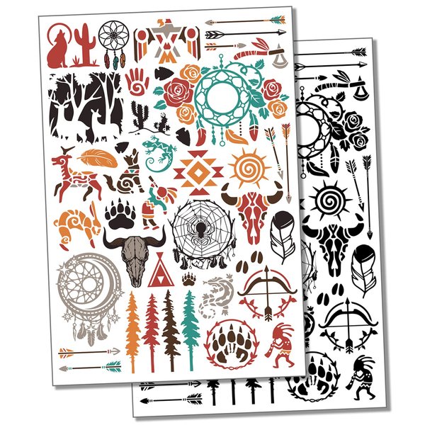 Southwest Native American Temporary Tattoo Water Resistant Fake Body Art Set Collection - Color (One Sheet)