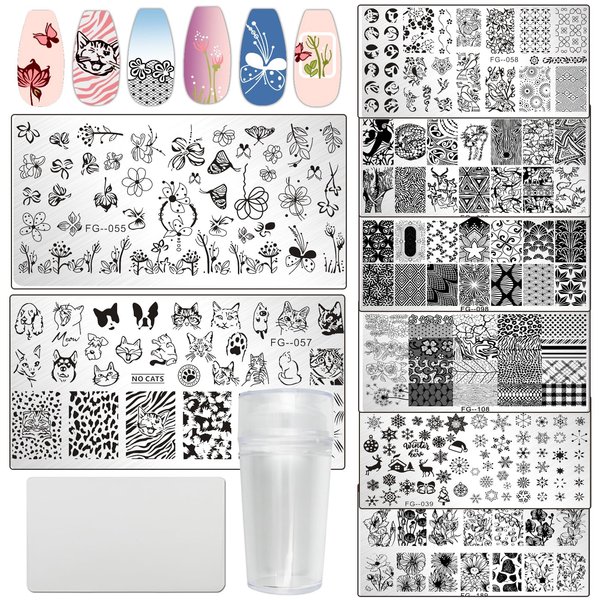 LoveOurHome Stamper Nail Stamping Kit 8pc Geometric Lace Animal Flower Nail Art Stamp Plates Template Stencil with Silicone Stampers Scrapers for Acrylic Manicure Design