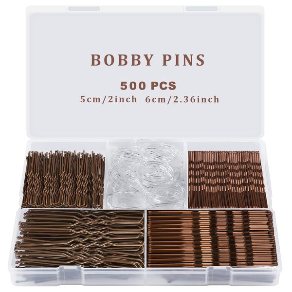 500PCS Bobby Pins Brown Hair Pins U Shaped Hair Pins and Hair Rubber Bands for Women & Girls with Storage Box, 2inch, 2.36inch