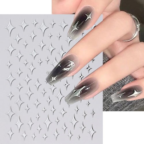 10 Sheets Heart Star Nail Art Stickers Glitter Silver Nail Decals 3D Self-Adhesive Nail Stickers Metallic Silver Star Acrylic Nails Stickers Decals Star Nail Art Supplies for Women Manicure Decoration