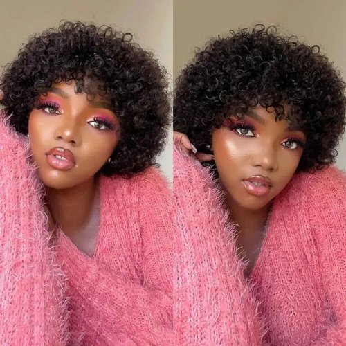 MSIVY Short Pixie Cut Brazilian Remy Human Hair Wigs For Black Women Glueless Curly Bob Cut Full Machine Made Wig With Bangs…