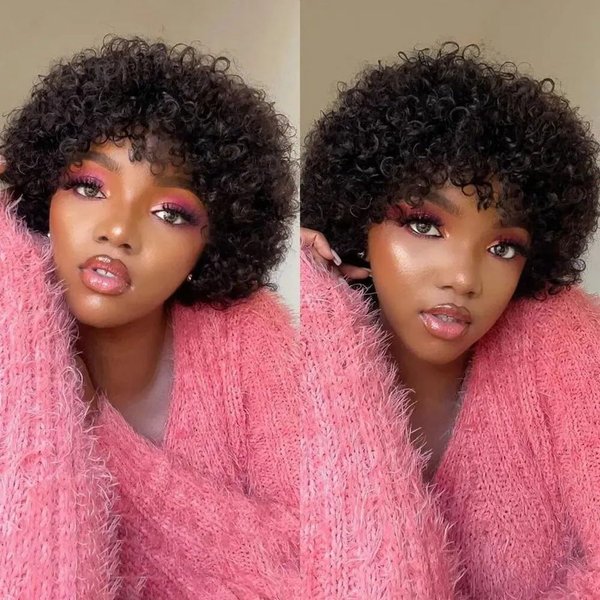 MSIVY Short Pixie Cut Brazilian Remy Human Hair Wigs For Black Women Glueless Curly Bob Cut Full Machine Made Wig With Bangs…