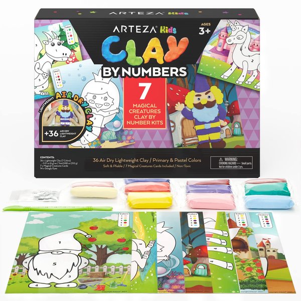 Arteza Kids Air-Dry Clay, 36 Bars, Magical Creatures Modeling Clay-by-Numbers Kit, 7 Magical Cards, 14 Googly Eyes, Craft Supplies for Learning Centers and Educational Playtime