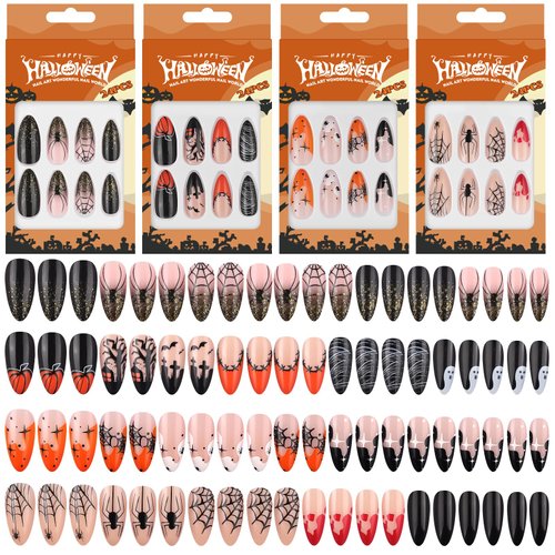 96PCS Halloween Press on Nails, EBANKU Almond False Nails Ghost Face Skull Full Cover Acrylic Nails Halloween Artificial Fake Nails with Adhesive Tabs Stick on Nails DIY Manicure Decoration