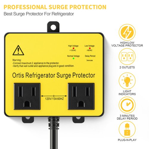 Refrigerator Surge Protector, Ortis Double Outlet Voltage Protector for Home Appliances with Time Delay, Protects Against Brownout, Spike, Instant Surge All Voltage Abnormalities, Yellow