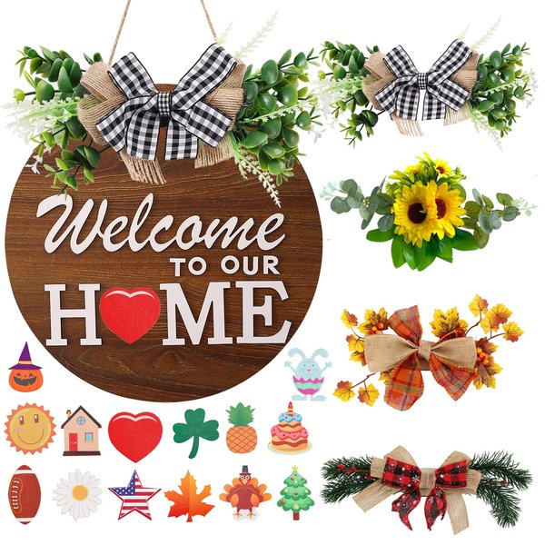 Interchangeable Welcome Sign for Front Door with 4 Seasonal Wreaths and 14 Changeable Icons, Farmhouse Porch Decor, Seasonal Rustic Wooden Sign home décor (6wood)