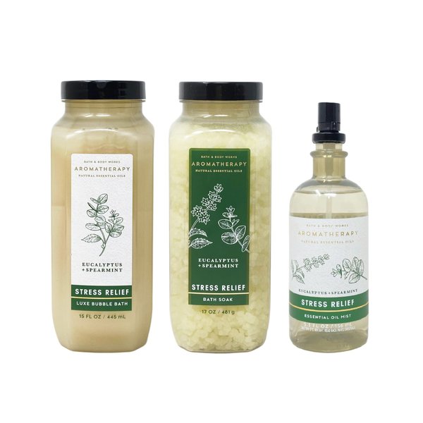 Bath & Body Works Aromatherapy Stress Relief Eucalyptus + Spearmint 3 Piece Gift Set - Bath Soak - Luxe Bubble Bath - Essential Oil Mist - Full Size