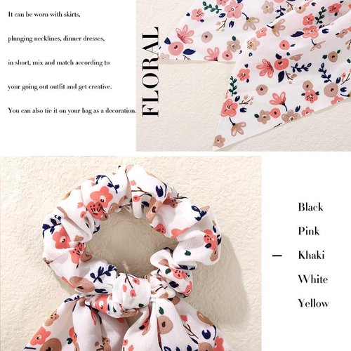 Jewemia Hair Scarf Scrunchies for Women Bow Scrunchy with Ribbon Long Hair Flower Chiffon Scrunchies for Girls Detachable Elastics Hair Scrunchies for Beach Party Dating 5 pcs