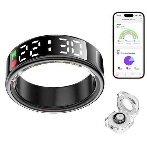 Smart Ring Health Tracker with LED Display Screen, IP68 Waterproof Fitness Ring, Bluetooth Connection Health Ring Compatible with iOS/Android, Activity Tracker/Heart Rate/Blood Oxygen/Sleep/Step