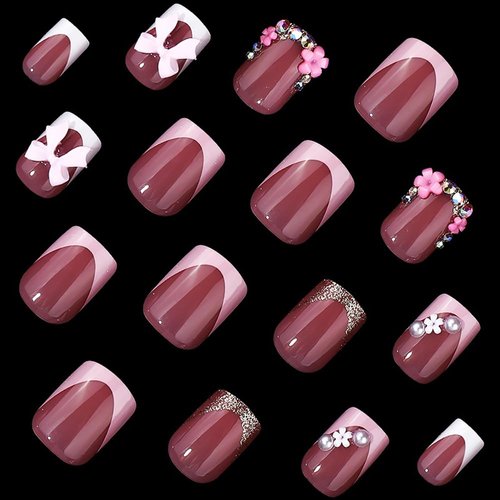 24 Pcs Pink Press on Nails Short Square - SHANRUN White French Fake Nails Press ons Nail Art Tip Glue on Nails Full Cover Artificial Acrylic False Nails Rhinestone Flower Bow Glitter Design for Women