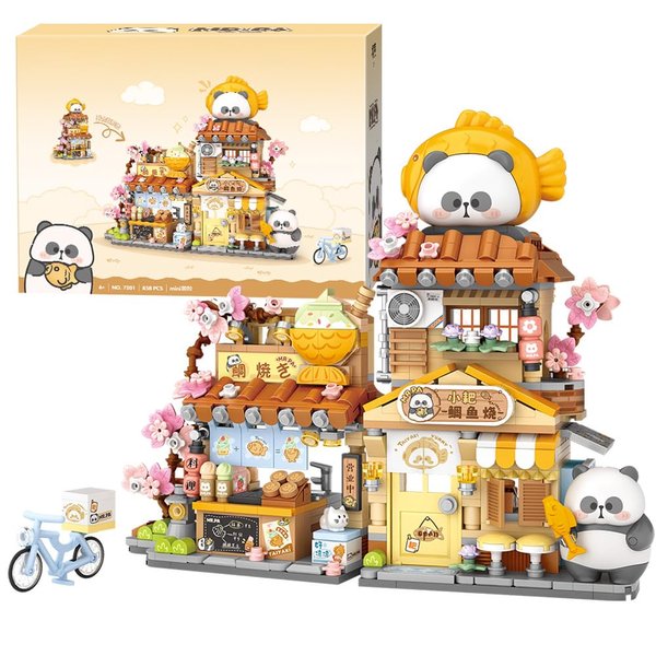 RAVAYO Panda Street Scene Building Kit, Openable Taiyaki Shop Building Set for Boys Girls Age 8+,858pcs Mini Bricks