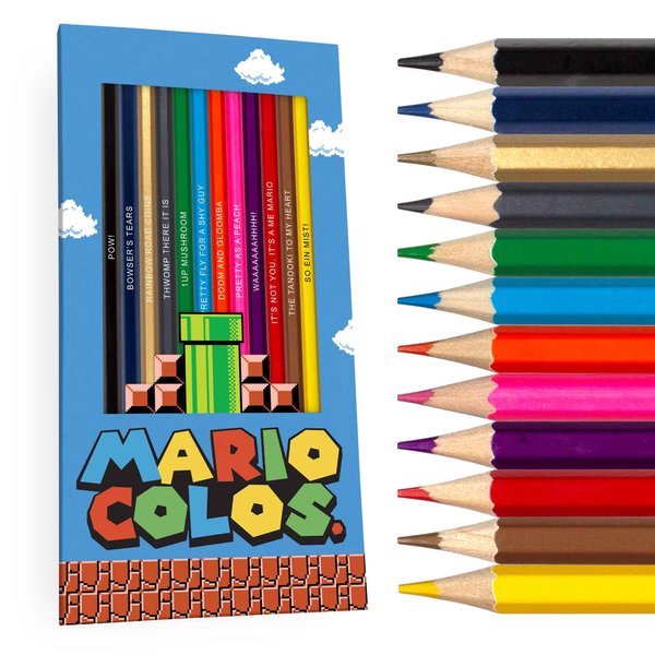 Mario Colos. Colored Pencil Set for Fans | Set of 12 Mario-Inspired Parody Pencils | Each Color Pencil is Foil-Stamped with Clever Game References | Great Gift for Fans & Gamers